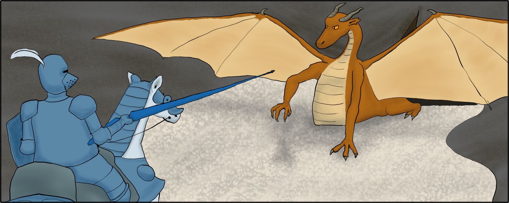 A mounted knight charging twoard a dragon.